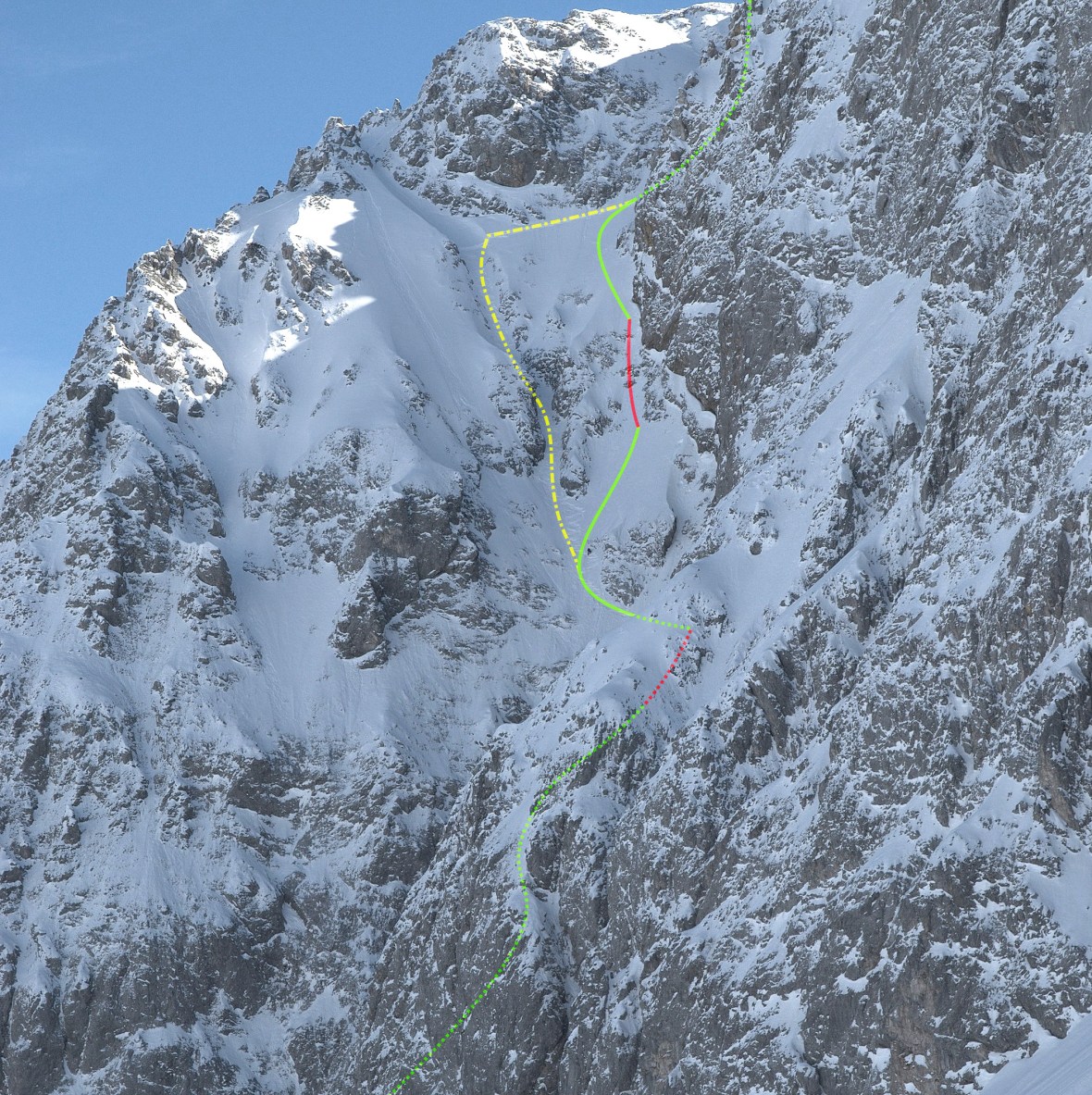 The middle section of the ski line. red=abseil, dotted=hidden, yellow=alpenbock line. Photo (c) Alpenbock.de