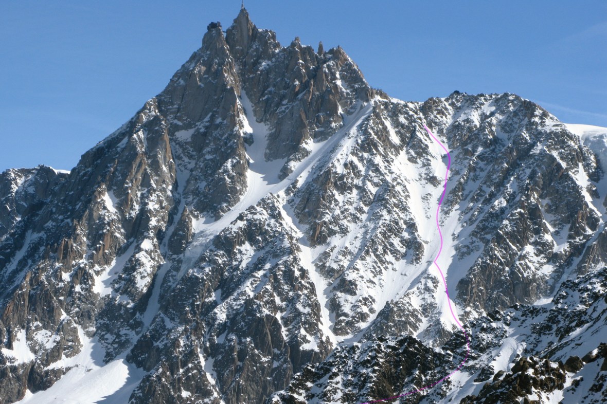 Aiguille du Midi west face with the ski line marked. Photo by Cedric Bernardini